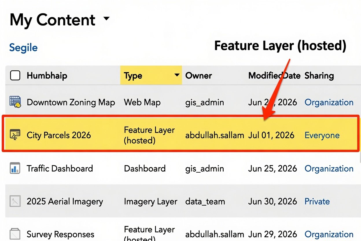 ArcGIS Online Content page showing a hosted Feature Layer item type