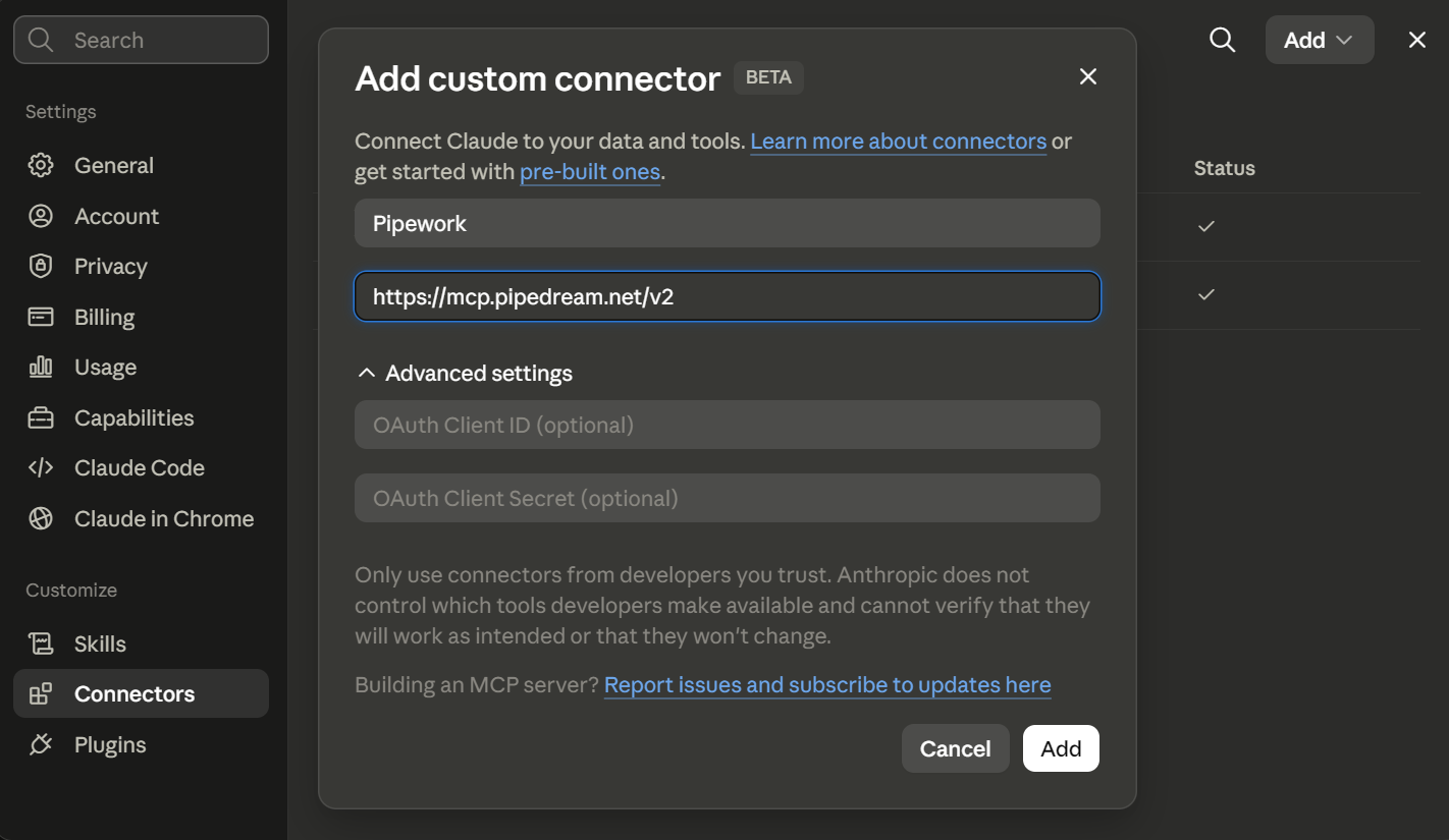 Claude's Add custom connector dialog with the Pipedream MCP endpoint URL entered